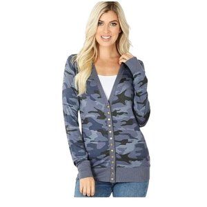 Zenana | Camo | Snap-Button Cardigan | Navy | Women's large | cozy | HW-25028